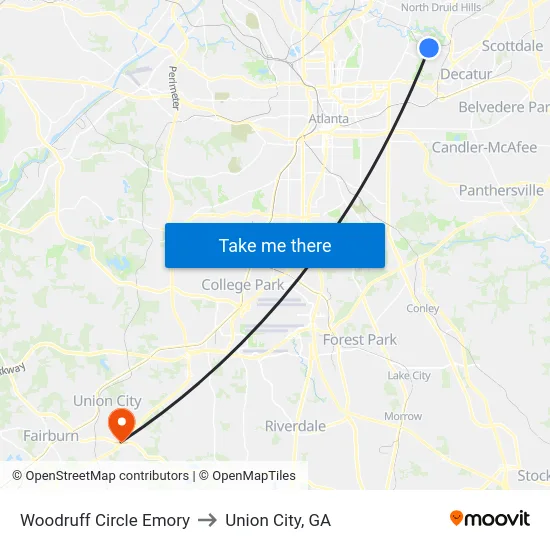 Woodruff Circle Emory to Union City, GA map