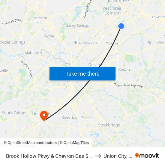 Brook Hollow Pkwy & Chevron Gas Station to Union City, GA map