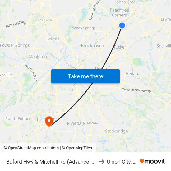 Buford Hwy & Mitchell Rd (Advance Auto) to Union City, GA map