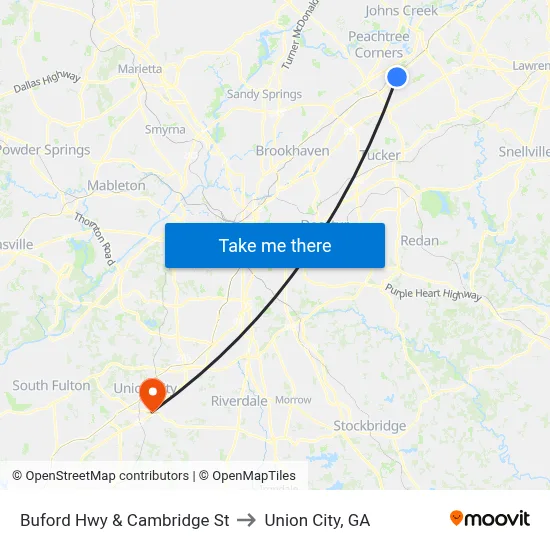 Buford Hwy & Cambridge St to Union City, GA map