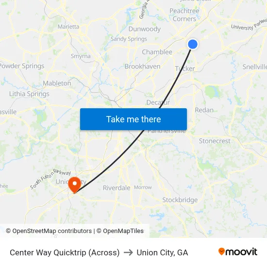 Center Way Quicktrip (Across) to Union City, GA map