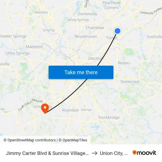 Jimmy Carter Blvd & Sunrise Village Ln to Union City, GA map