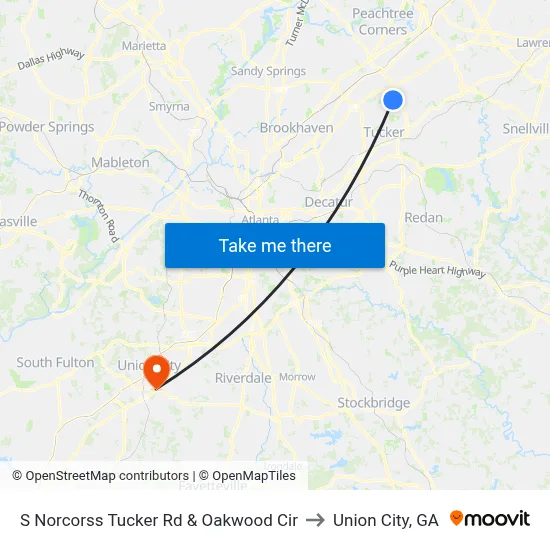 S Norcorss Tucker Rd & Oakwood Cir to Union City, GA map