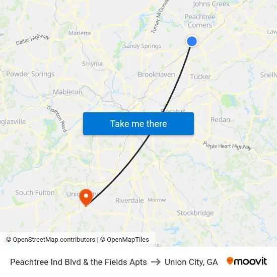 Peachtree Ind Blvd & the Fields Apts to Union City, GA map