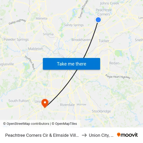 Peachtree Corners Cir & Elmside Villg Ln to Union City, GA map