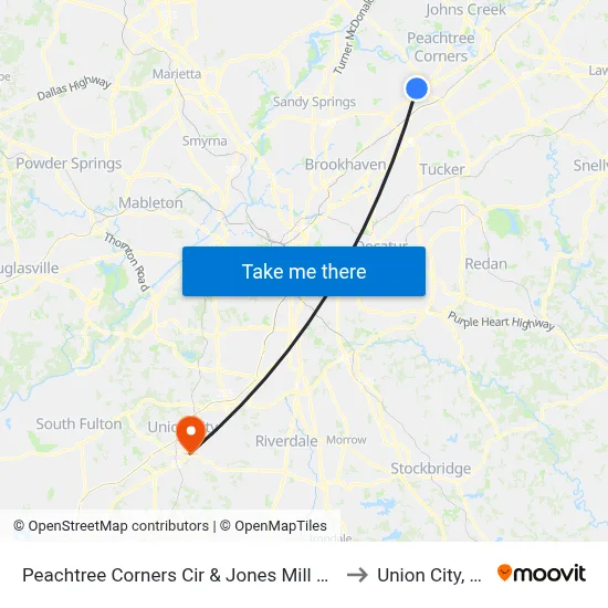 Peachtree Corners Cir & Jones Mill Spur to Union City, GA map