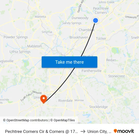 Pechtree Corners Cir & Corners @ 1700 Ap to Union City, GA map