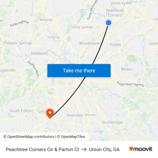 Peachtree Corners Cir & Parton Ct to Union City, GA map