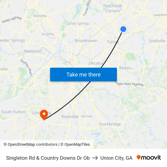 Singleton Rd & Country Downs Dr Ob to Union City, GA map