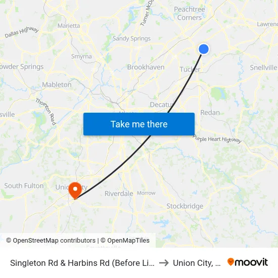 Singleton Rd & Harbins Rd (Before Light) to Union City, GA map