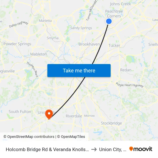 Holcomb Bridge Rd & Veranda Knolls Apts to Union City, GA map
