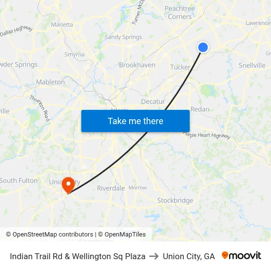 Indian Trail Rd & Wellington Sq Plaza to Union City, GA map