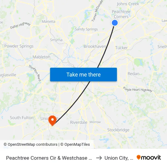 Peachtree Corners Cir & Westchase Villge to Union City, GA map