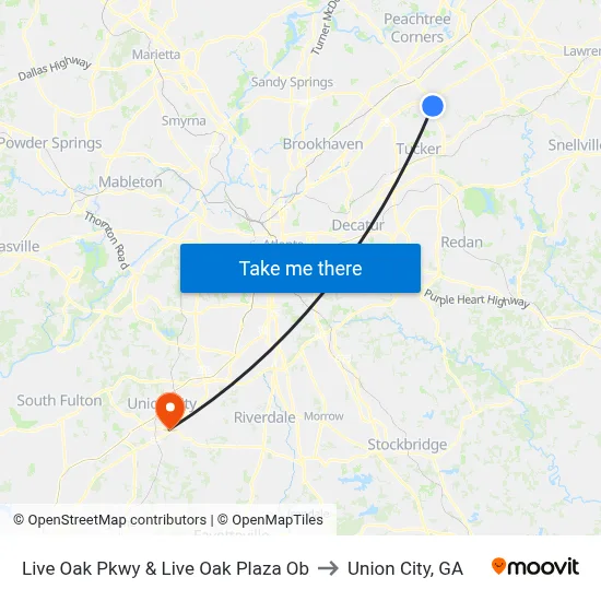 Live Oak Pkwy & Live Oak Plaza Ob to Union City, GA map
