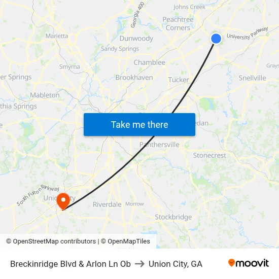 Breckinridge Blvd & Arlon Ln Ob to Union City, GA map