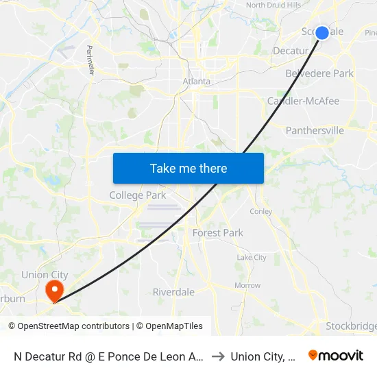 N Decatur Rd @ E Ponce De Leon Ave to Union City, GA map
