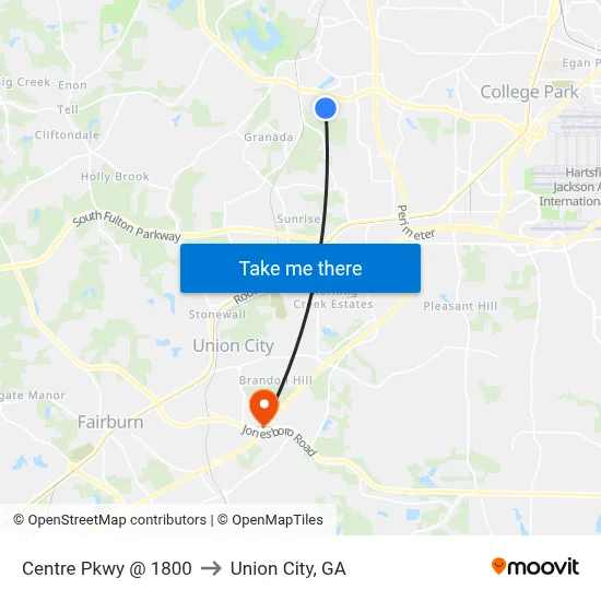 Centre Pkwy @ 1800 to Union City, GA map