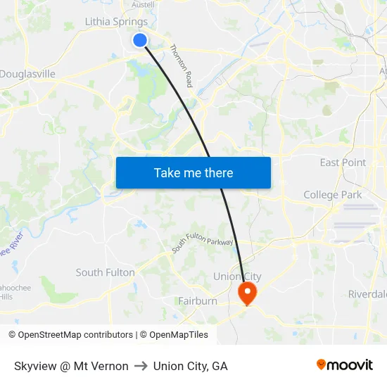 Skyview @ Mt Vernon to Union City, GA map