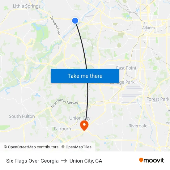 Six Flags Over Georgia to Union City, GA map