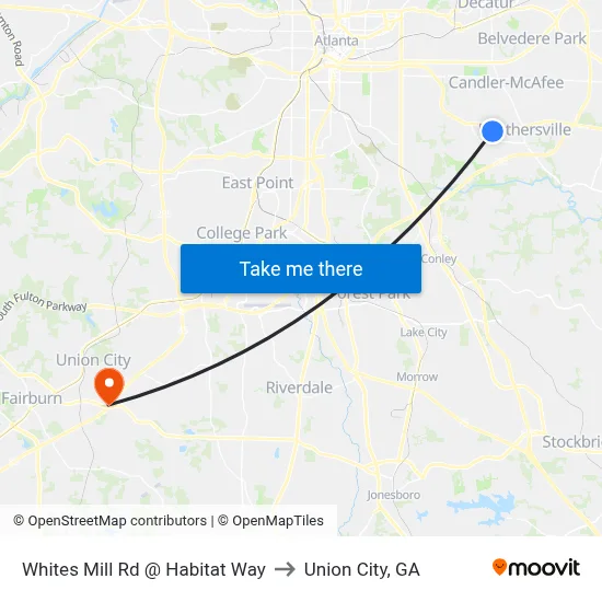 Whites Mill Rd @ Habitat Way to Union City, GA map