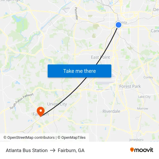 Atlanta Bus Station to Fairburn, GA map