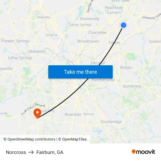 Norcross to Fairburn, GA map