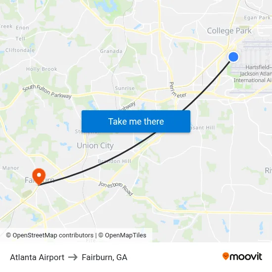 Atlanta Airport to Fairburn, GA map