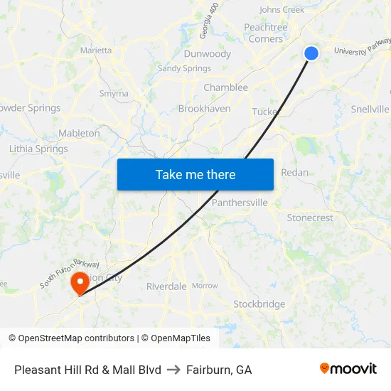 Pleasant Hill Rd & Mall Blvd to Fairburn, GA map