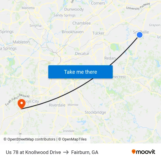 Us 78 at Knollwood Drive to Fairburn, GA map