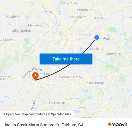 Indian Creek Marta Station to Fairburn, GA map