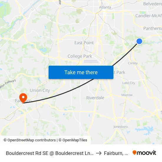 Bouldercrest Rd SE @ Bouldercrest Ln SE to Fairburn, GA map