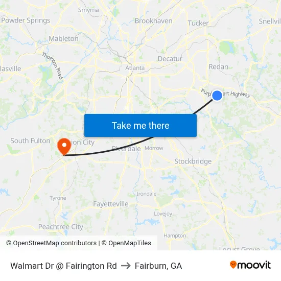 Walmart Dr @ Fairington Rd to Fairburn, GA map