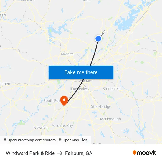 Windward Park & Ride to Fairburn, GA map
