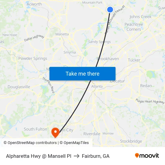 Alpharetta Hwy @ Mansell Pl to Fairburn, GA map