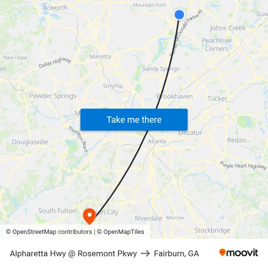 Alpharetta Hwy @ Rosemont Pkwy to Fairburn, GA map