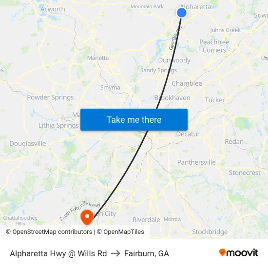 Alpharetta Hwy @ Wills Rd to Fairburn, GA map