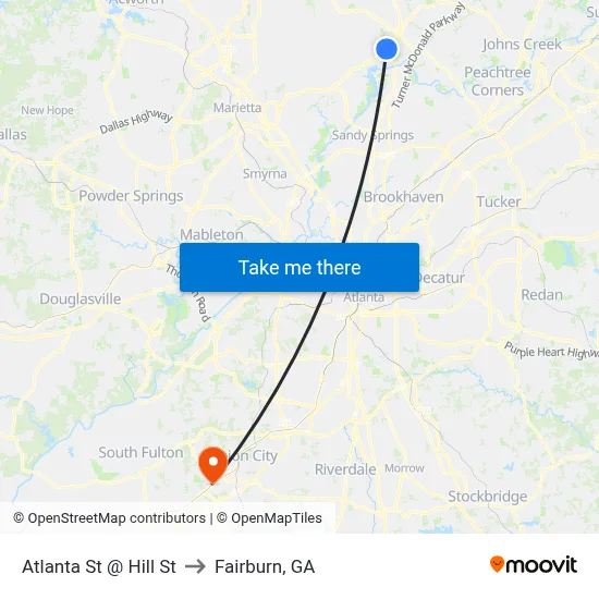 Atlanta St @ Hill St to Fairburn, GA map