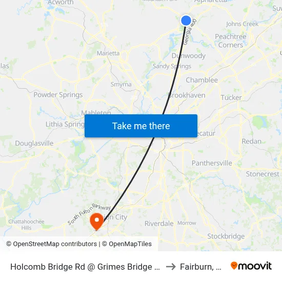 Holcomb Bridge Rd @ Grimes Bridge Rd to Fairburn, GA map