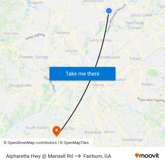 Alpharetta Hwy @ Mansell Rd to Fairburn, GA map
