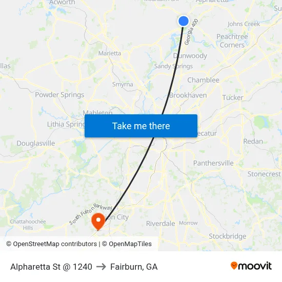 Alpharetta St @ 1240 to Fairburn, GA map