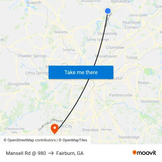 Mansell Rd @ 980 to Fairburn, GA map