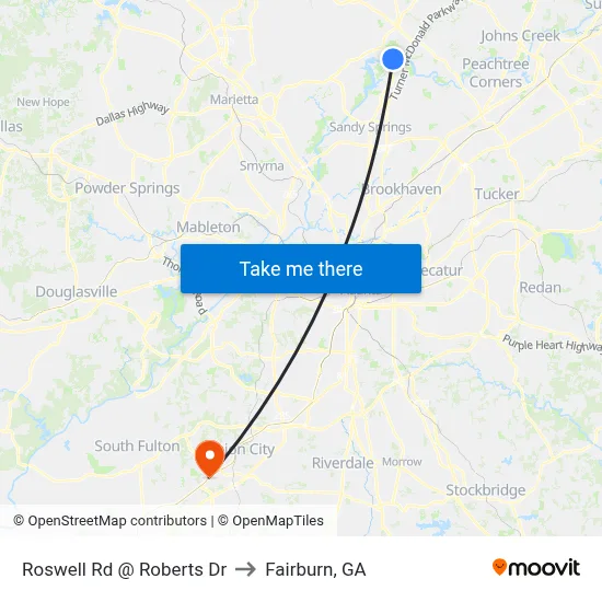 Roswell Rd @ Roberts Dr to Fairburn, GA map