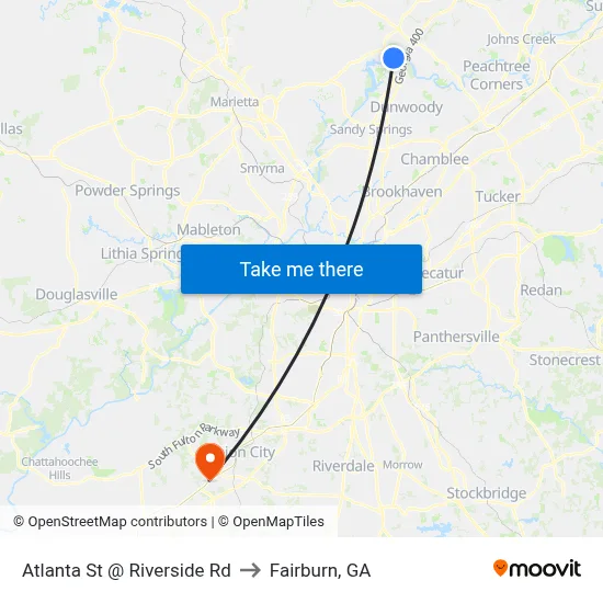 Atlanta St @ Riverside Rd to Fairburn, GA map