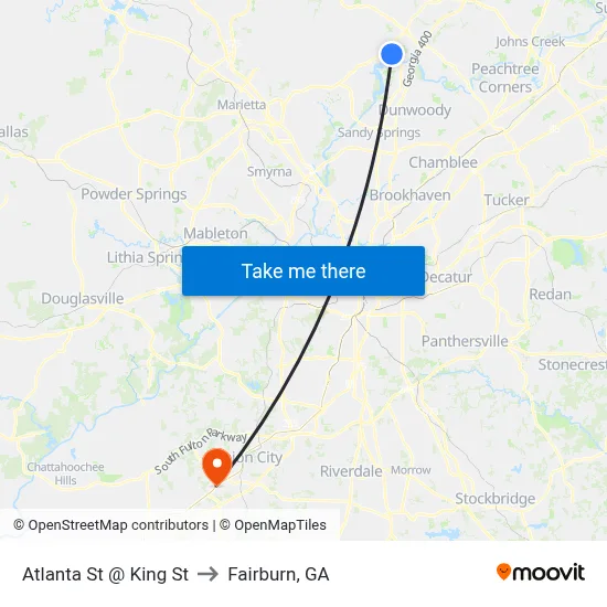 Atlanta St @ King St to Fairburn, GA map