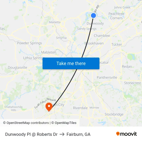 Dunwoody Pl @ Roberts Dr to Fairburn, GA map