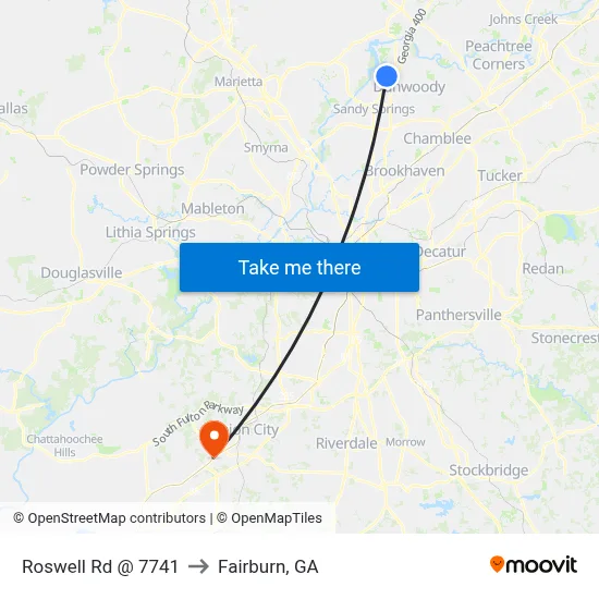 Roswell Rd @ 7741 to Fairburn, GA map