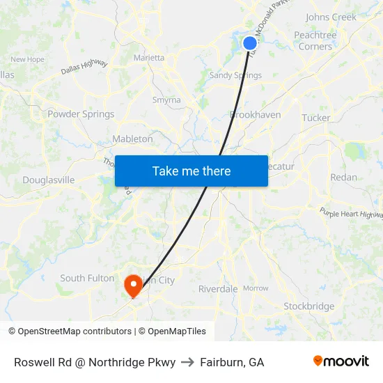 Roswell Rd @ Northridge Pkwy to Fairburn, GA map