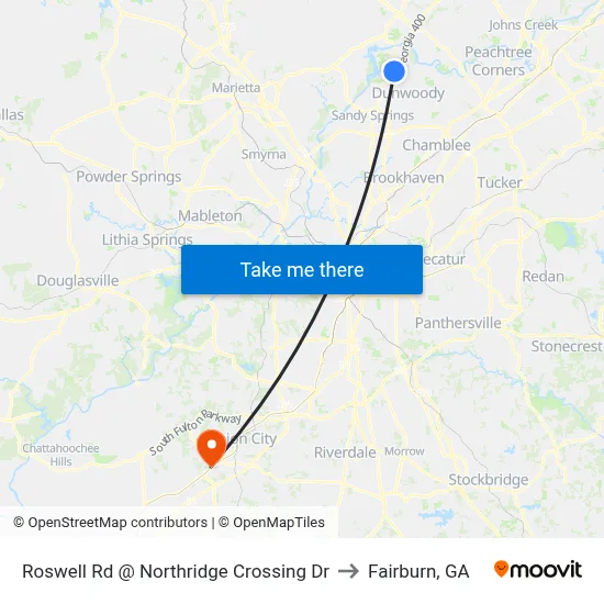 Roswell Rd @ Northridge Crossing Dr to Fairburn, GA map