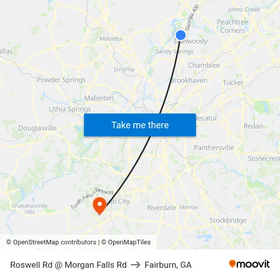 Roswell Rd @ Morgan Falls Rd to Fairburn, GA map