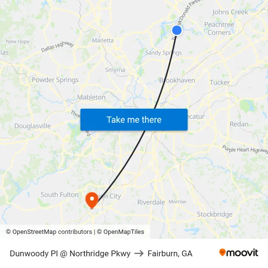 Dunwoody Pl @ Northridge Pkwy to Fairburn, GA map